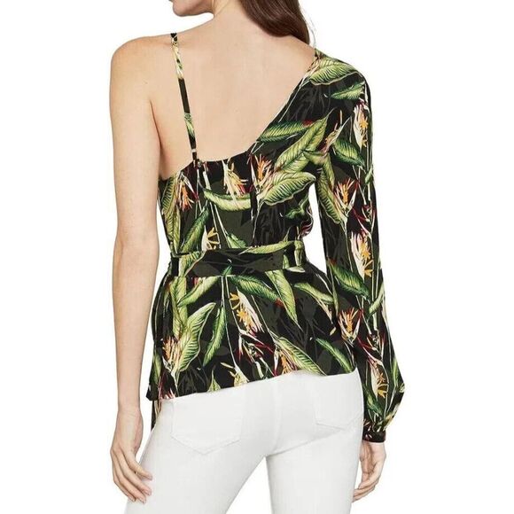 BCBGMAXAZRIA Women's Sz S Black Bird of Paradise One Sleeve Printed Top - Picture 6 of 6